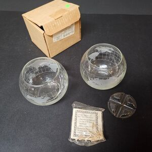 Vtg Nestle Nescafe Etched Glass Globe Cup Floating Glass Candle Votive Set of 2